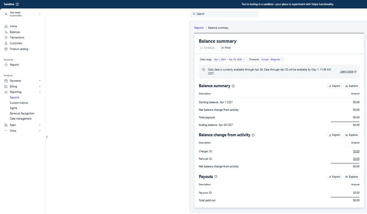 Stripe Balance summary report with Export button in top right corner