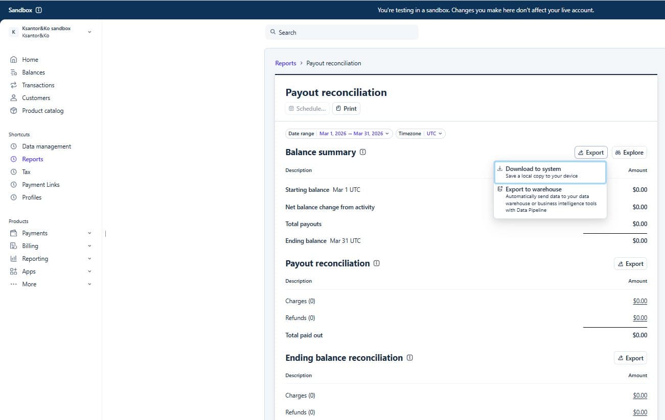 Stripe Export dropdown showing Download to system option highlighted